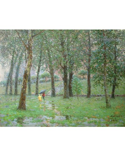 ציור שמן עצים ביום חורפי וזוג מטייל